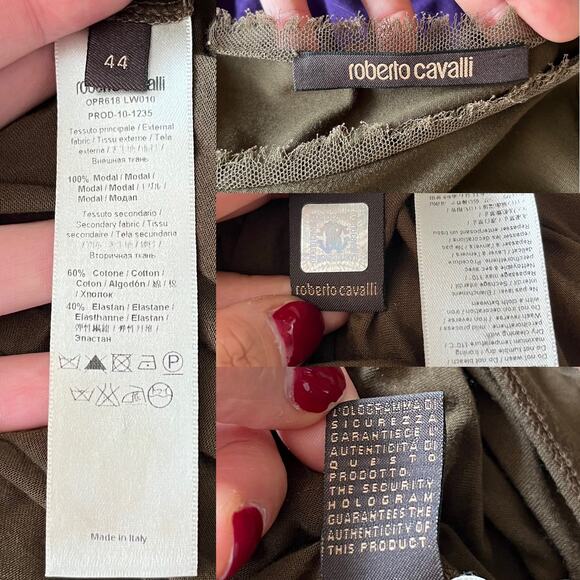 ROBERTO CAVALLI Dress Jersey Chain Embellished Ruched Short Sleeve Green 44 EUC - Picture 5 of 12